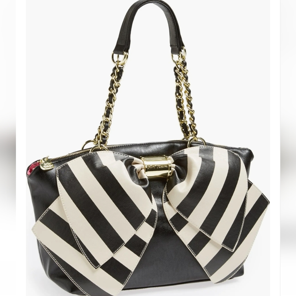 Betsey Johnson Black And White Mega Bow Bag With Gold Detail